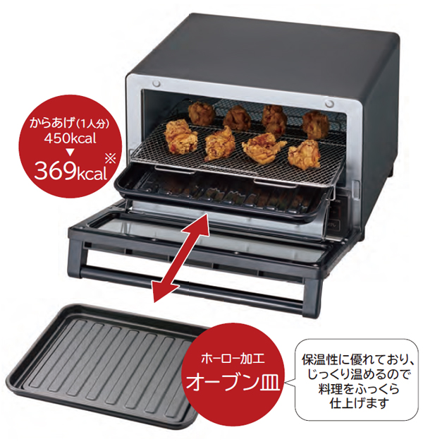 からあげ（1人分）450kcal→369kcal※　ホーロー加工オーブン皿　保温性に優れており、じっくり温めるので、料理をふっくら仕上げます